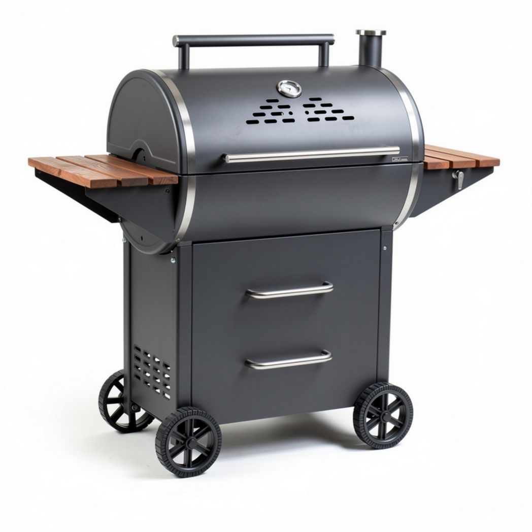 Grill węglowy z bocznymi półkami do użytku w ogrodzie z metalu i drewna - 150 x 60 x 110cm